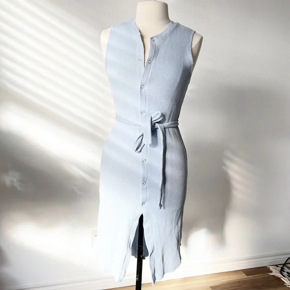 Zara light blue textured weave midi dress with button down front and waist Tie - Picture 8 of 14